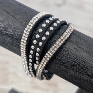Black & Clear Gem Bracelet - Multi Row Studded Fashion Cuff Bracelet